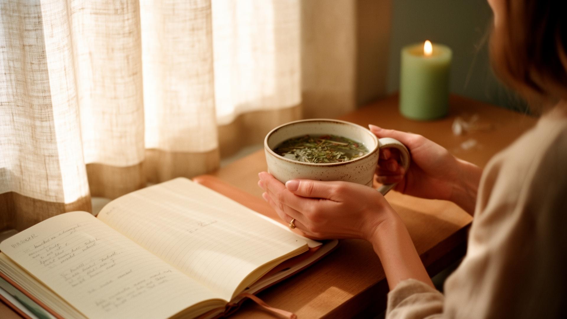 A woman journaling with a warm cup of tea in soft morning light